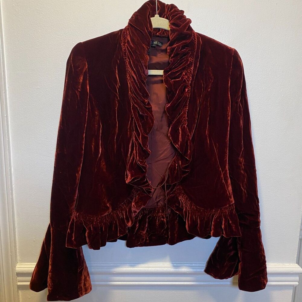 Y2K Whimsygoth Romantic Silk Velvet Ruffle Bell Sleeve Blazer Burgundy Jacket 2